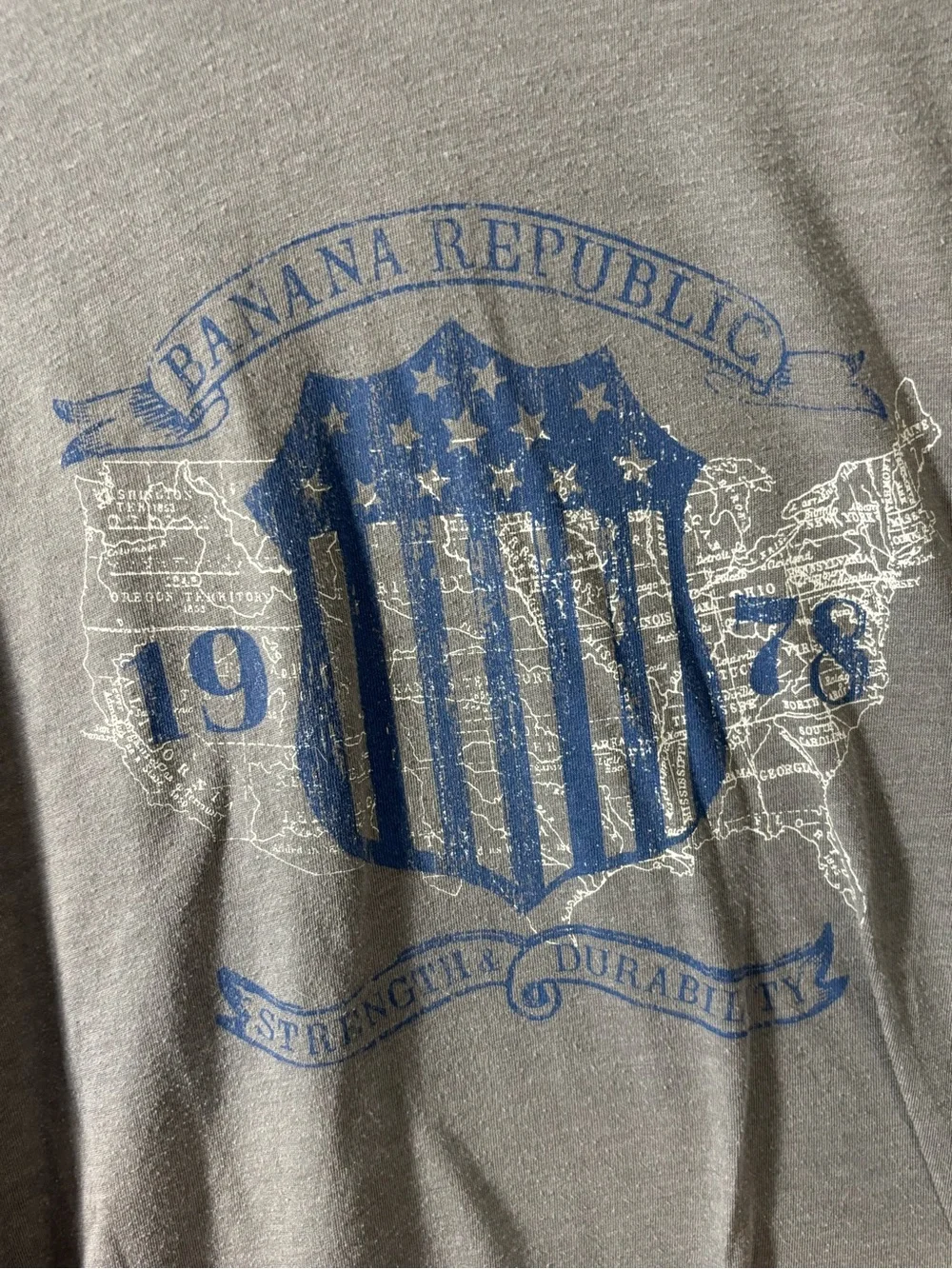 Banana Republic Gray Short Sleeve Tee with Blue Shield Graphic